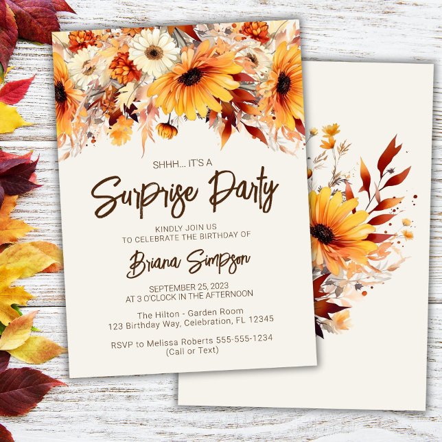 Invitation Fête d'anniversaire surprise Floral beige automnal (Créateur téléchargé)