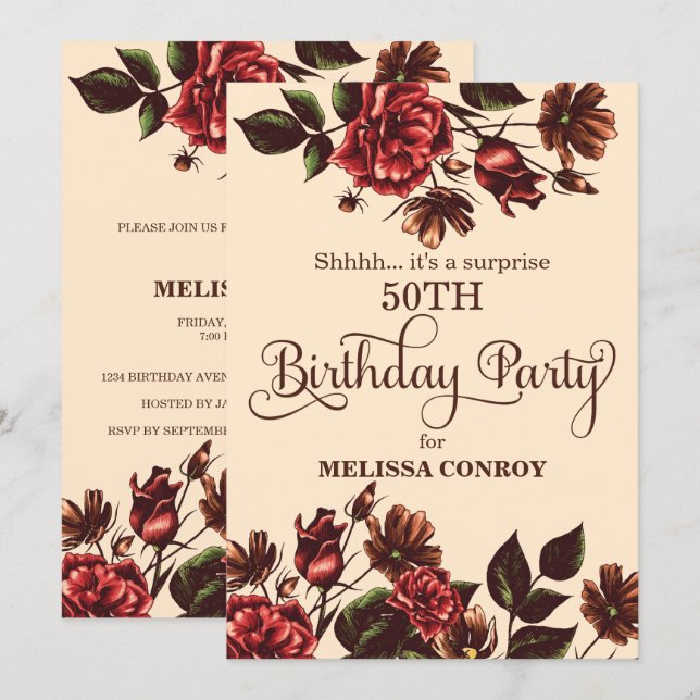 Invitation Fête d'anniversaire surprise florale d'automne (Devant / Derrière)