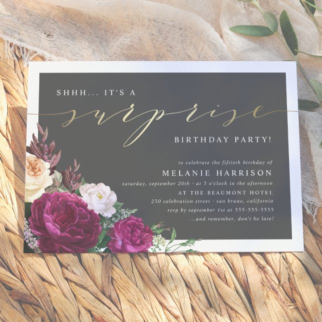 Invitation Fête d'anniversaire surprise florale or et burgund (Créateur téléchargé)
