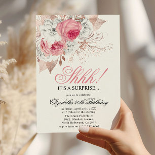Invitation Fête d'anniversaire surprise florale rose et blanc