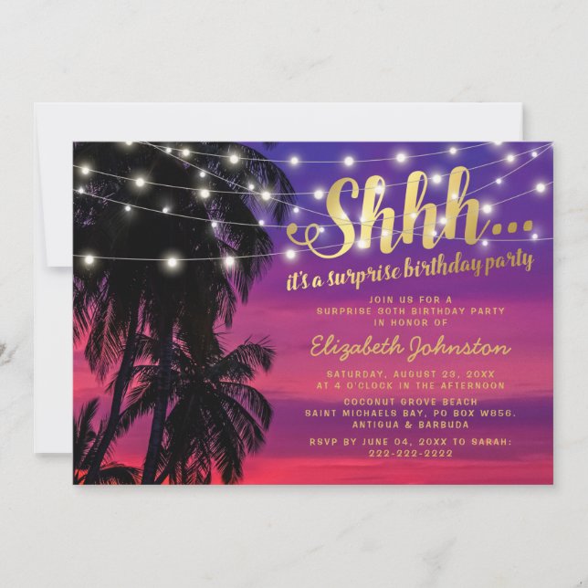 Invitation Fête d'anniversaire surprise Glamour sur la plage  (Devant)