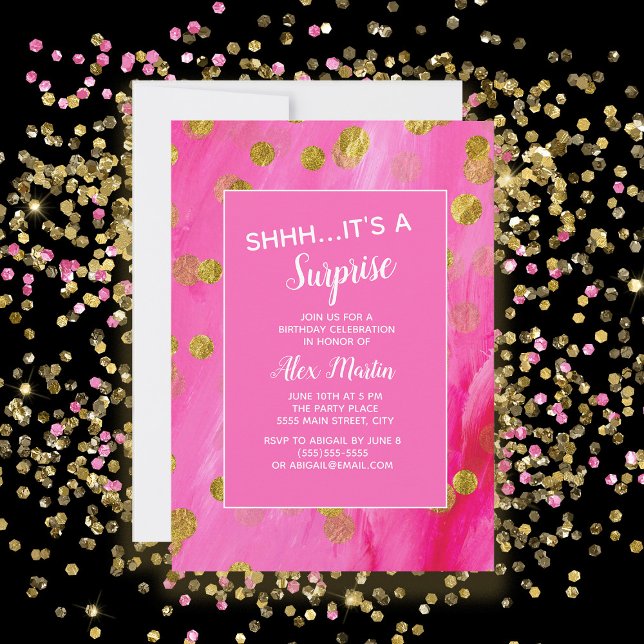 Invitation Fête d'anniversaire surprise Glitter Or Rose (Hot pink with gold glitter surprise birthday party invitation)