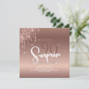 Invitation Fête d'anniversaire surprise glitter rose 90 ans