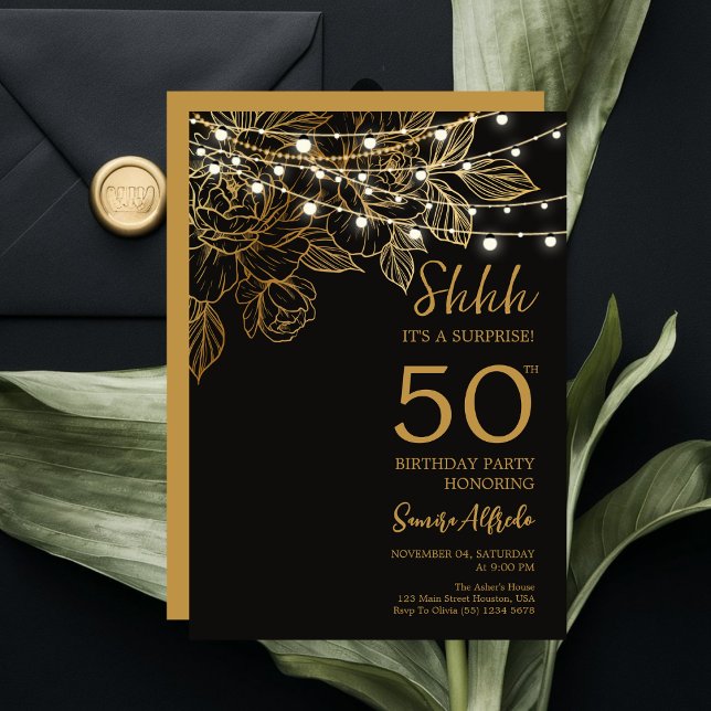Invitation Fête d'anniversaire surprise moderne 50 ans noir e (Créateur téléchargé)