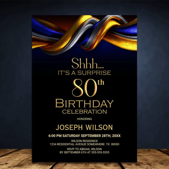 Invitation Fête d'anniversaire surprise moderne bleue et or p (Créateur téléchargé)