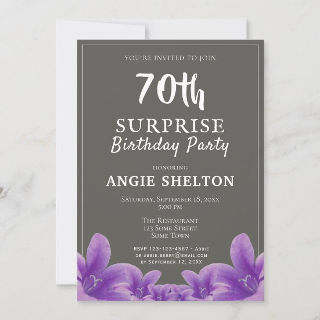 Invitation Fête d'anniversaire surprise moderne florale viole (Devant)