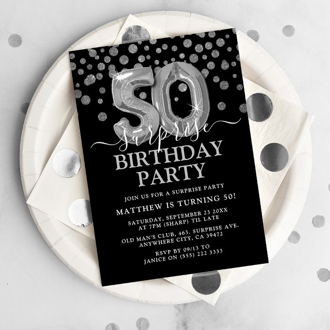 Invitation Fête d'anniversaire surprise moderne noir et argen (Créateur téléchargé)