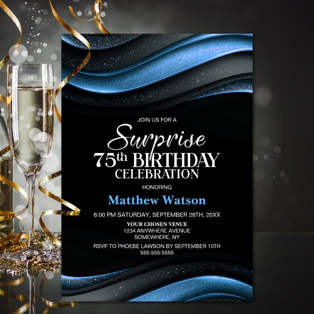 Invitation Fête d'anniversaire surprise moderne noir et bleu  (Créateur téléchargé)