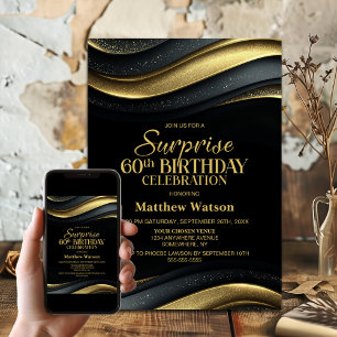 Invitation Fête d'anniversaire surprise moderne noir et or po