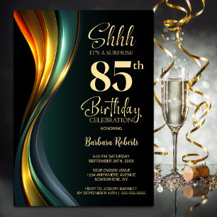 Invitation Fête d'anniversaire surprise moderne noir et or po