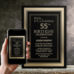 Invitation Fête d'anniversaire surprise moderne noir et or po