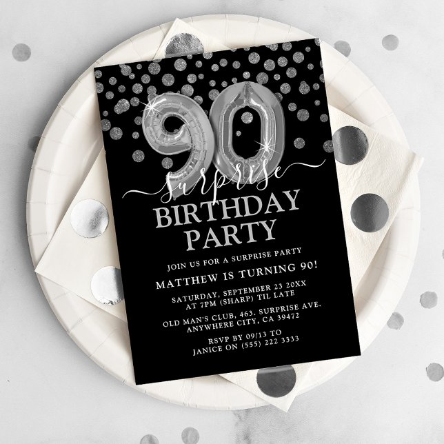 Invitation Fête d'anniversaire surprise moderne noire et arge (Créateur téléchargé)