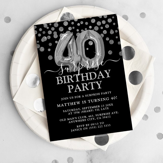 Invitation Fête d'anniversaire surprise moderne noire et arge (Créateur téléchargé)