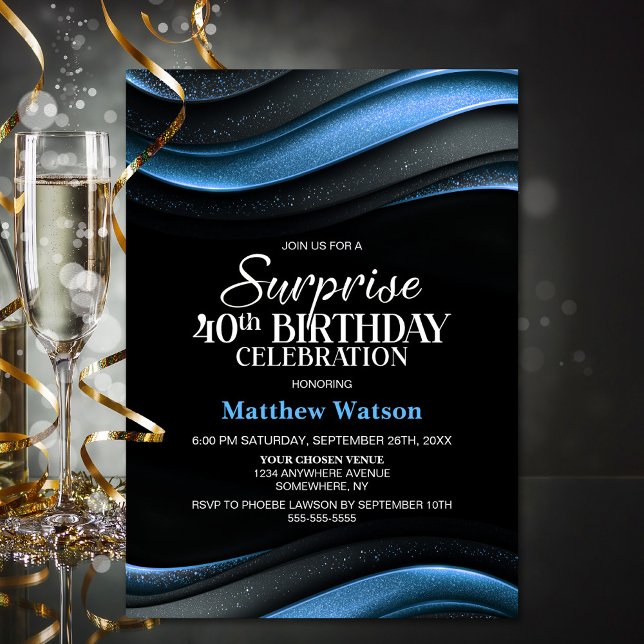 Invitation Fête d'anniversaire surprise moderne noire et bleu (Créateur téléchargé)