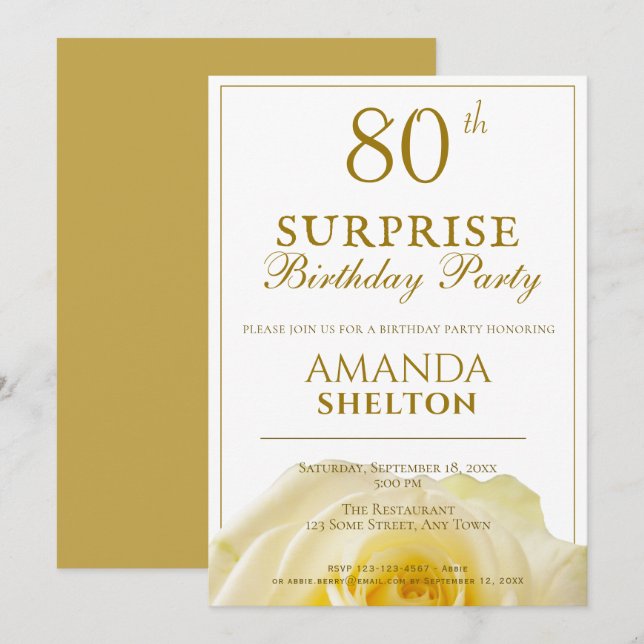 Invitation Fête d'anniversaire surprise moderne pour 80 ans a (Devant / Derrière)