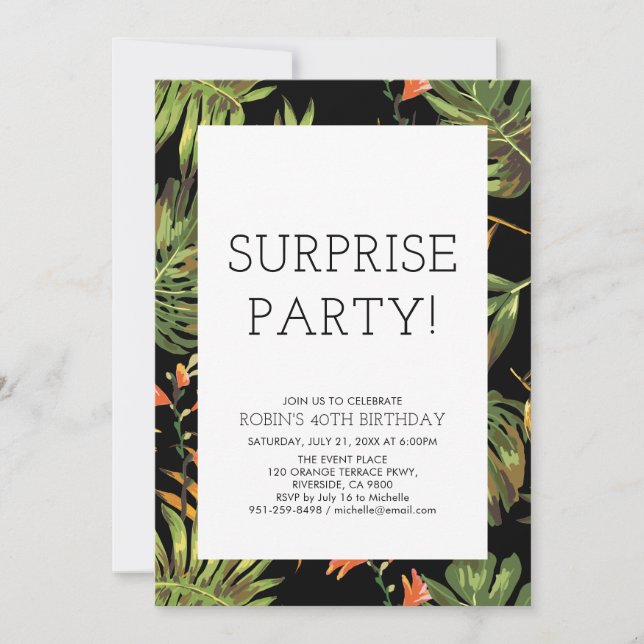 Invitation Fête d'anniversaire surprise moderne tropical pour (Devant)