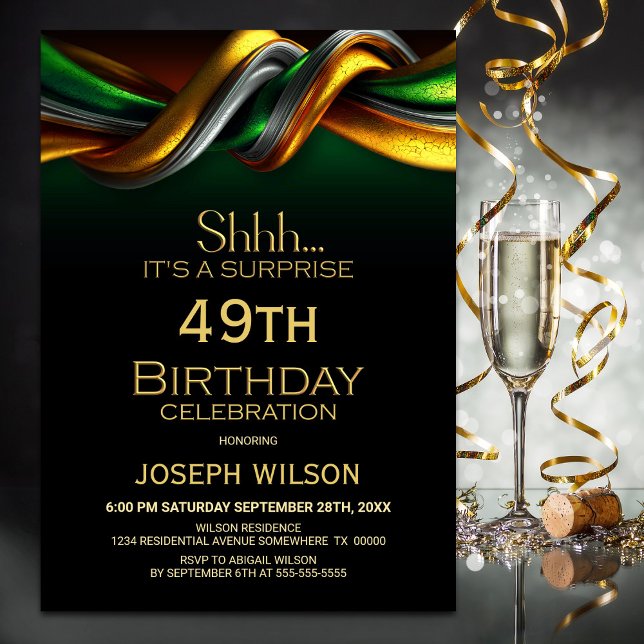 Invitation Fête d'anniversaire surprise moderne verte et or (Créateur téléchargé)