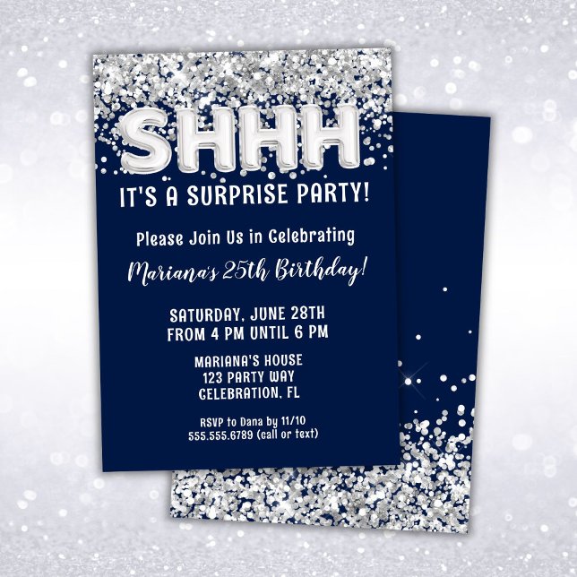 Invitation Fête d'anniversaire surprise Navy Blue Silver Glit (Créateur téléchargé)