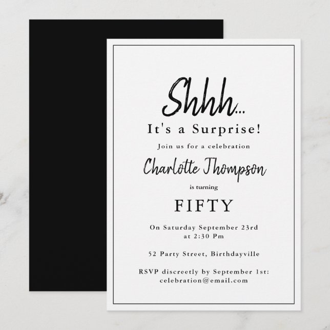 Invitation Fête d'anniversaire surprise Noir Blanc Moderne (Devant / Derrière)