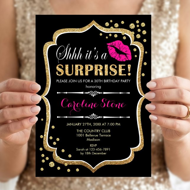 Invitation Fête d'anniversaire surprise - Noir Rose Or (Créateur téléchargé)