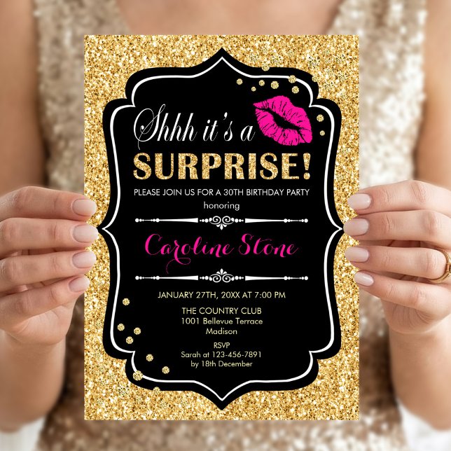 Invitation Fête d'anniversaire surprise - Noir Rose Or (Créateur téléchargé)