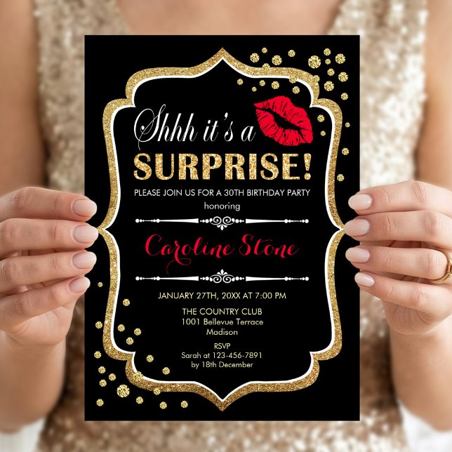 Invitation Fête d'anniversaire surprise - Noir Rouge Or (Créateur téléchargé)