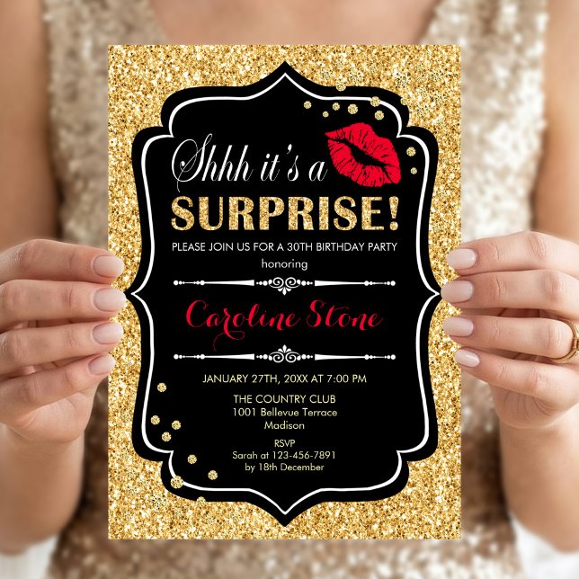 Invitation Fête d'anniversaire surprise - Noir Rouge Or (Créateur téléchargé)