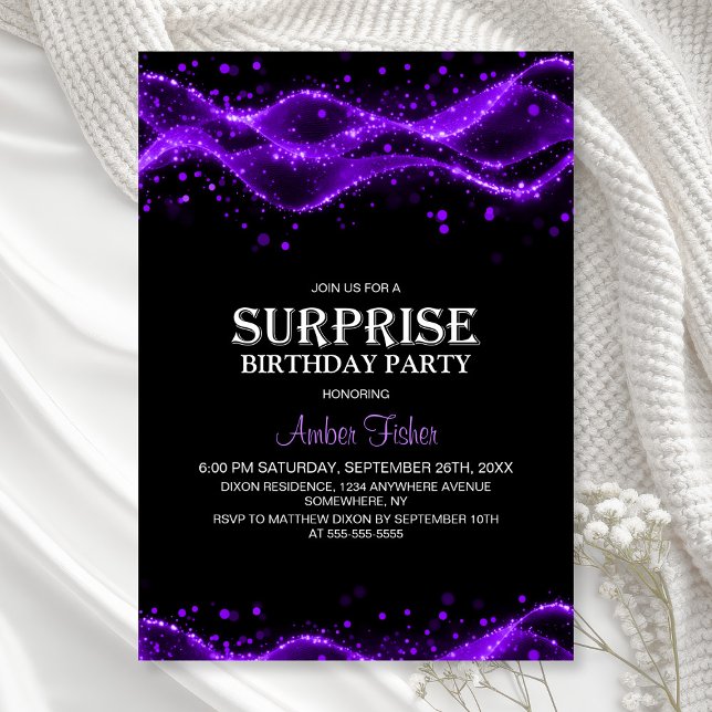 Invitation Fête d'anniversaire surprise noire et violette pou (Créateur téléchargé)