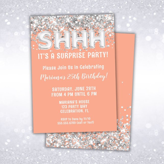 Invitation Fête d'anniversaire surprise pailletée argent pêch (Créateur téléchargé)