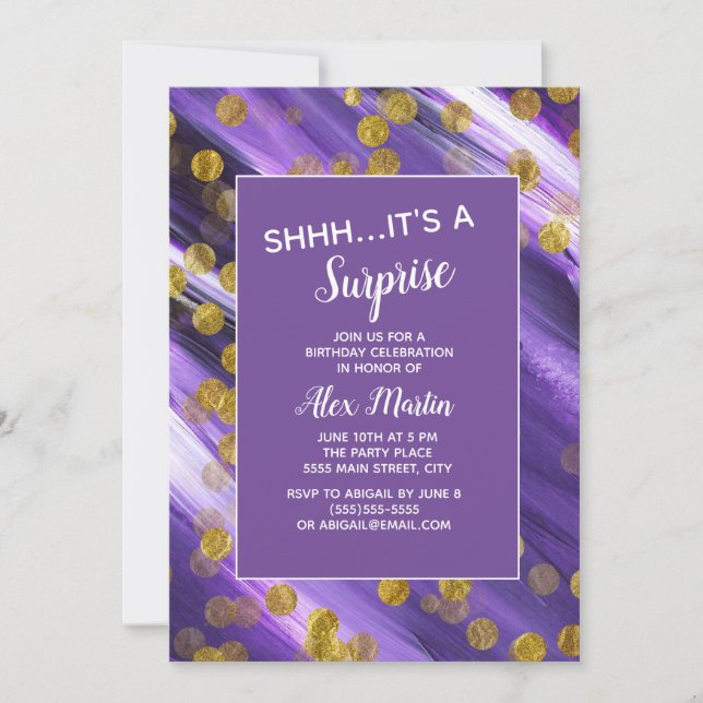 Invitation Fête d'anniversaire surprise pailletée or et viole (Devant)
