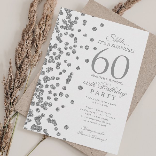 Invitation Fête d'anniversaire surprise paillettes Argent Gla (Glam Silver Glitter Surprise 60th Birthday Party Invitation)