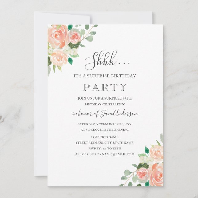 Invitation Fête d'anniversaire surprise Peach Floral (Devant)