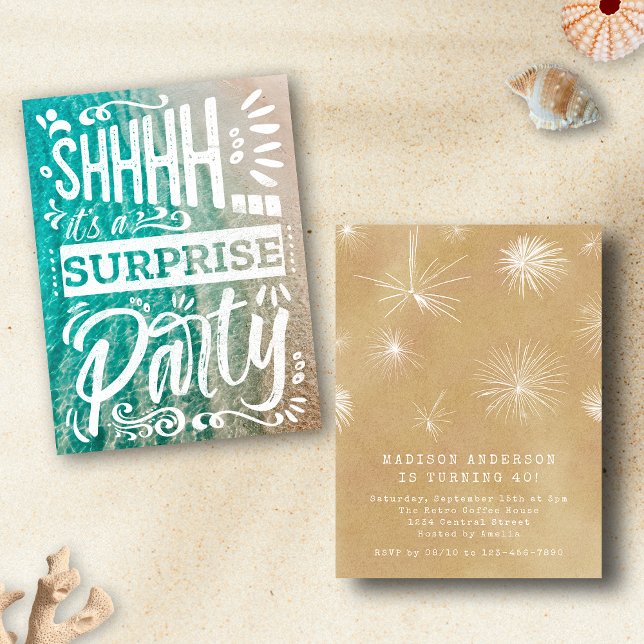 Invitation Fête d'anniversaire surprise plage océan été Chut (Créateur téléchargé)