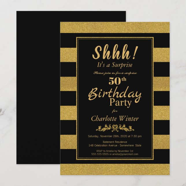 Invitation Fête d'anniversaire surprise rayée Or Noir pour 50 (Devant / Derrière)