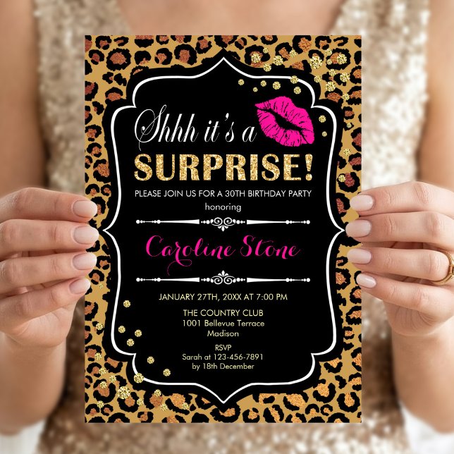 Invitation Fête d'anniversaire surprise - Rose imprimé léopar (Créateur téléchargé)
