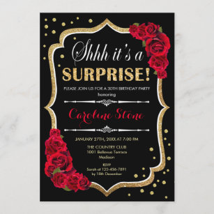 Invitation Fête d'anniversaire surprise - Roses rouges d'or n