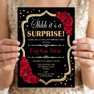 Invitation Fête d'anniversaire surprise - Roses rouges or noi