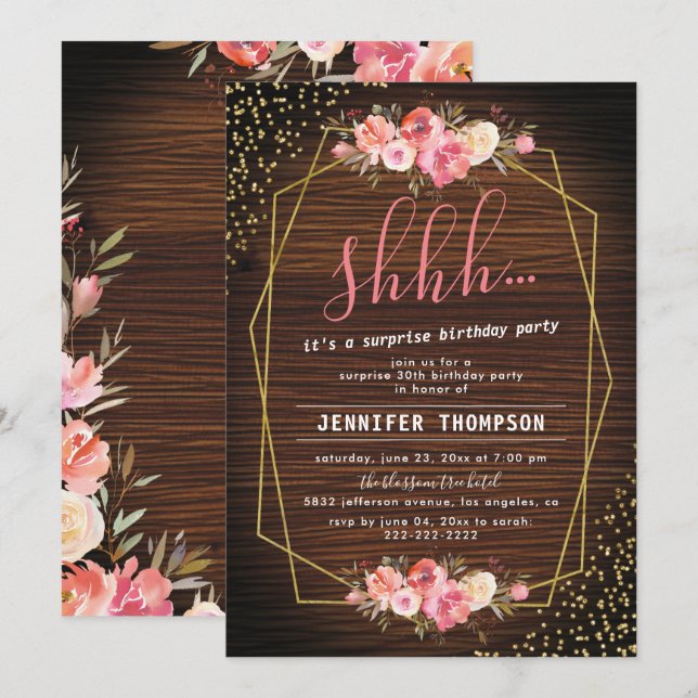 Invitation Fête d'anniversaire surprise rustique en bois avec (Devant / Derrière)
