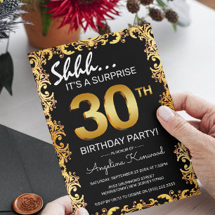 Invitation Fête d'anniversaire surprise stylée noire et or po