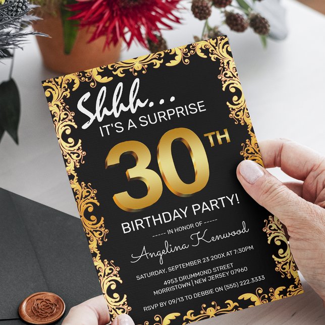 Invitation Fête d'anniversaire surprise stylée noire et or po (Créateur téléchargé)