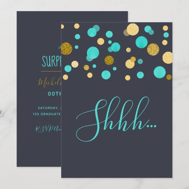 Invitation Fête d'anniversaire surprise turquoise et paillett (Devant / Derrière)