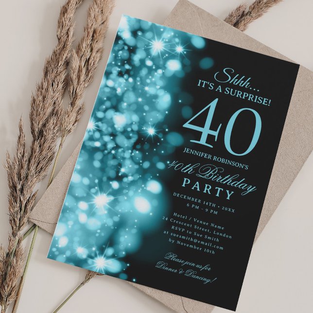 Invitation Fête d'anniversaire surprise Turquoise Glam 40 ans (Turquoise Glam Surprise 40th Birthday Party Invitation)
