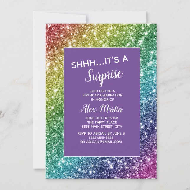 Invitation Fête d'anniversaire surprise Violet Paillettes Arc (Devant)