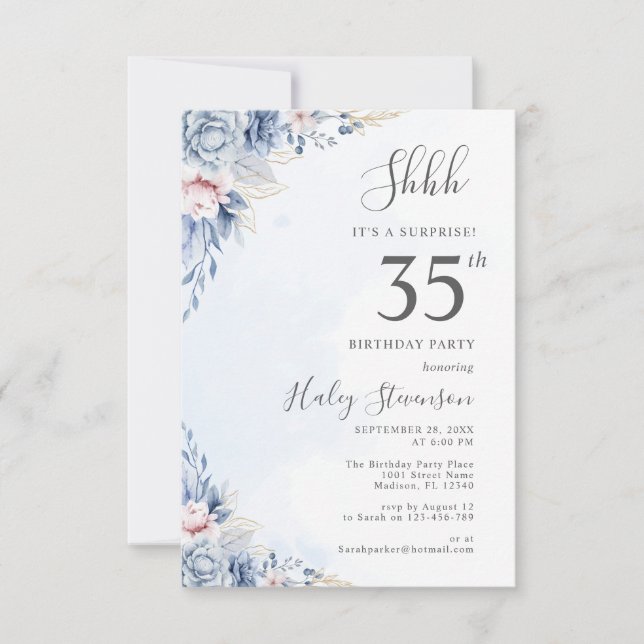 Invitation Fête d'anniversaire surprise Watercolor Dusty Blue (Devant)