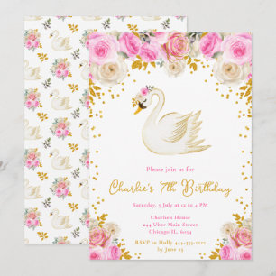 Invitation Fête d'anniversaire Swan Pink et Gold Roses