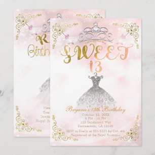 Invitation Fête d'anniversaire SWEET 13 13ème Princesse Rose 