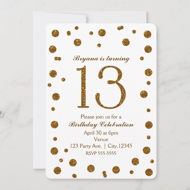Invitation Fête d'anniversaire Sweet 13 à paillettes blanches (Devant)