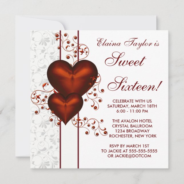 Invitation Fête d'anniversaire Sweet 16 à cœur rouge damassé (Devant)