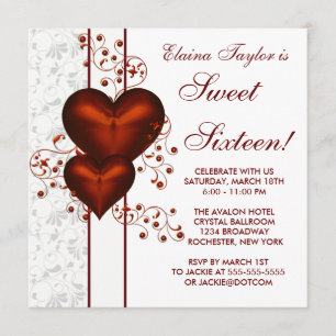 Invitation Fête d'anniversaire Sweet 16 à cœur rouge damassé