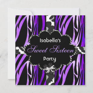 Invitation Fête d'anniversaire Sweet 16 ans Violet Noir Blanc
